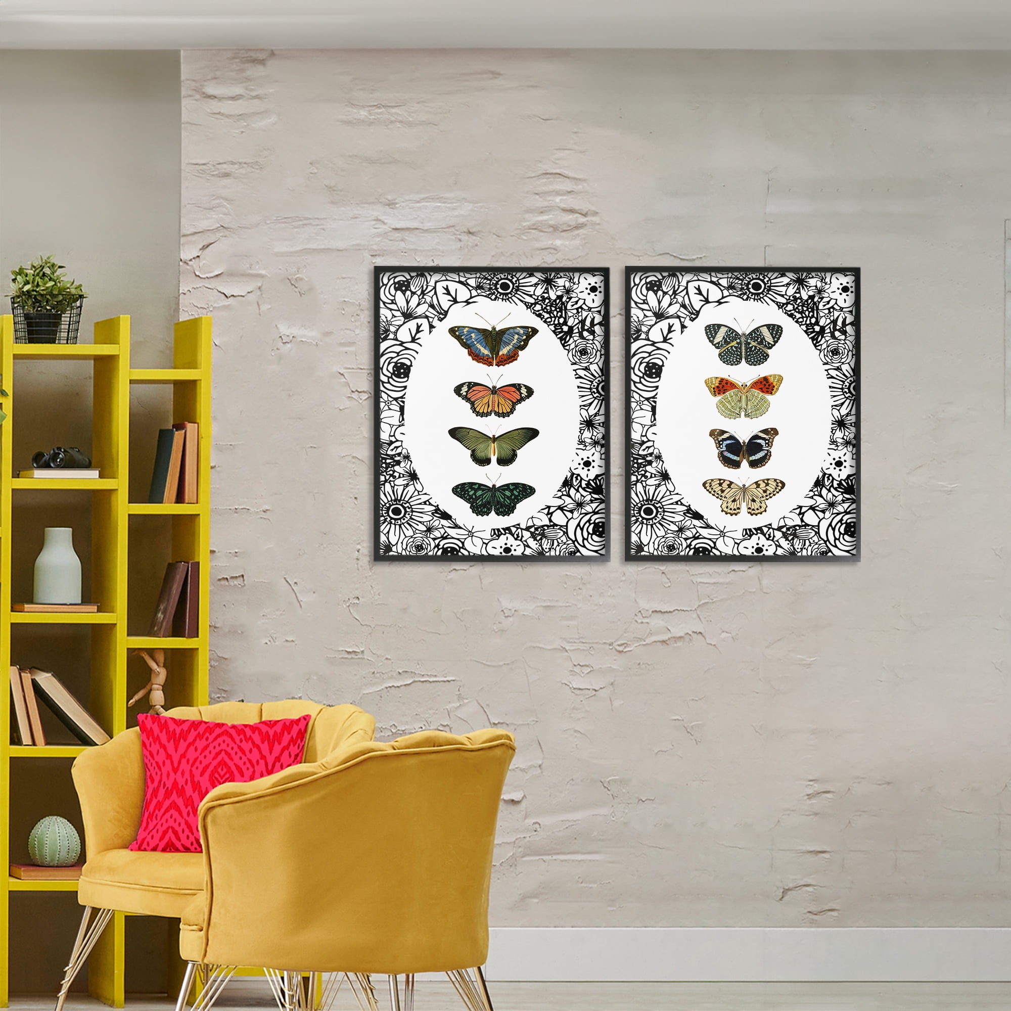 Stupell Industries Floral Butterflies Lineup 2 Piece Black Framed Giclee Art Set, design by Dan Meneely