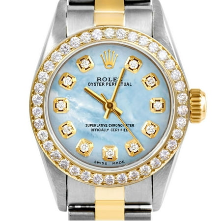 Pre-Owned Pre Owned Rolex Ladies Oyster Perpetual 24mm Wristwatch Light Blue Mother of Pearl Diamond