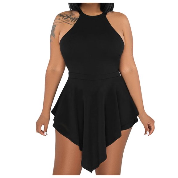 Wycnly Rompers for Women Party Club Sexy Back Hollow out Empire Waist Irregular Hem Tank Jumpsuits Crewneck Sleeveless Formal Solid Short Womens Jumpsuits on
