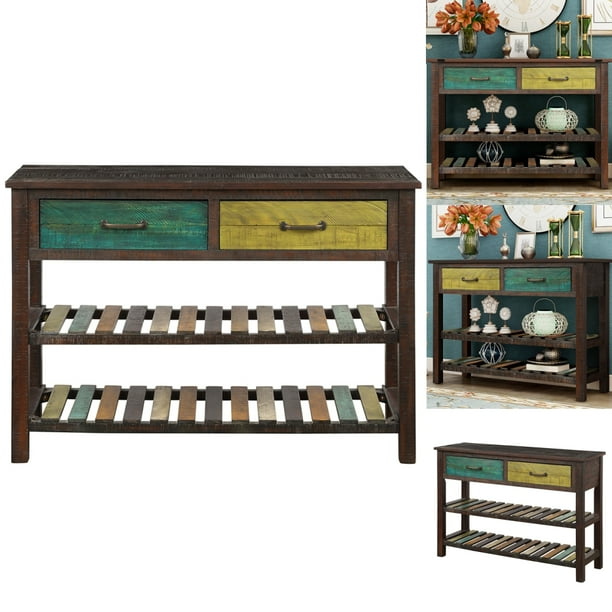 Voguele Sofa Tables Furniture Desk 2 Tiers Shelves Solid Pine Console