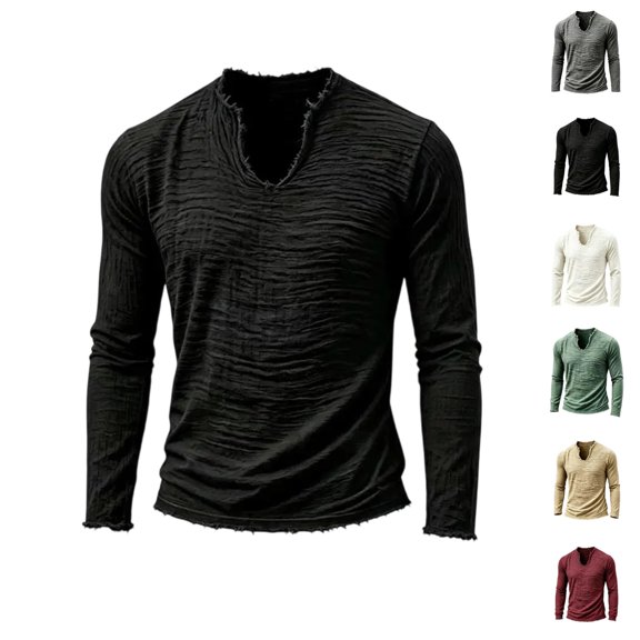 UDAUDU Linen Shirts for Men Long Sleeve Summer Fall Vintage V Neck T Shirts Men Frayed Raw Edges Beach Vacation Tassel Tops Black 3XL