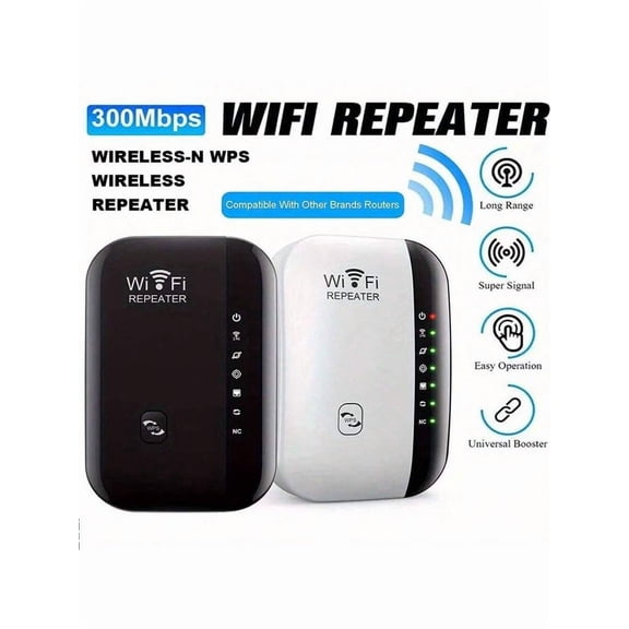 300Mbps WiFi Repeater & Range Extender, Compatible with Major Brands, US Plug 110V-240V, Black Casing