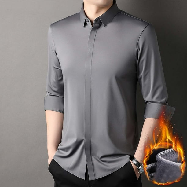pstuiky hombres de manga larga, Camisa holgada de manga larga con cuello abatible de terciopelo de color liso para hombre tops de invierno para hombre l