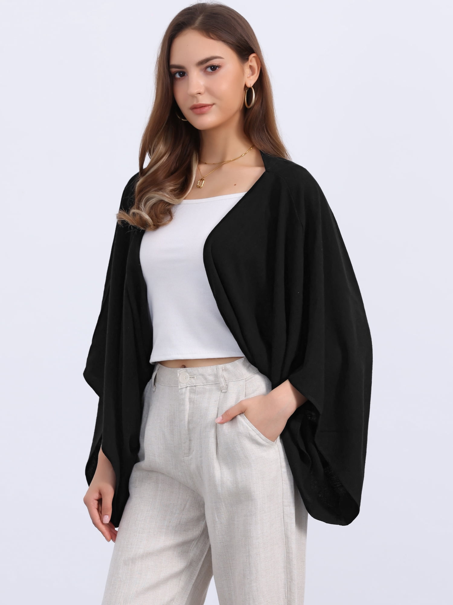 DARING DIVA Women's Linen Cardigan 3/4 Sleeve Open Front Lightweight Shrug XL Black