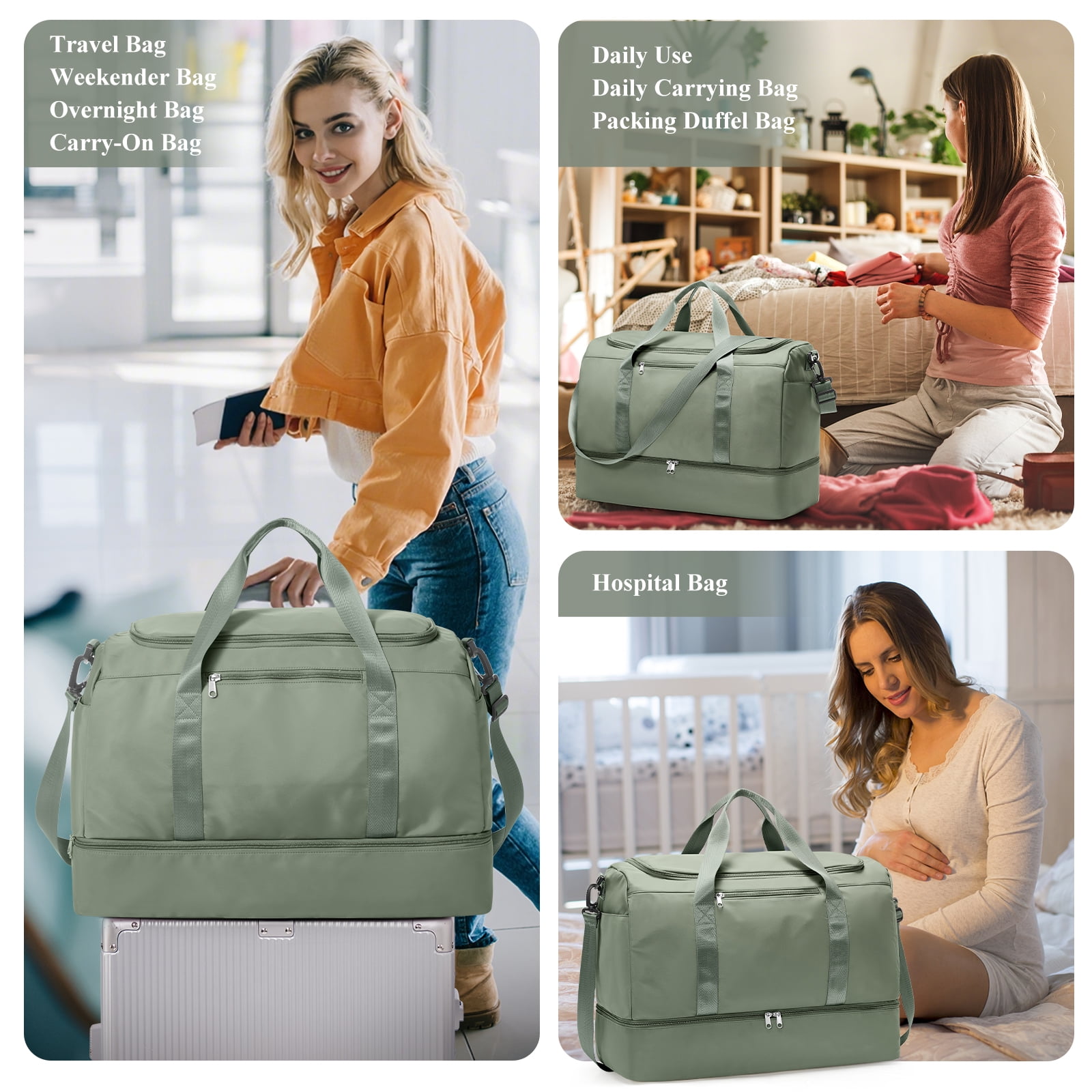 SYCNB Large Travel Duffel Bag, Weekender Overnight Bag for Women, Gym Tote Bag with Shoe Compartment & Toiletry Bag, Carry-On Weekend Bag for Women with Wet Pocket for Travel Business, Green