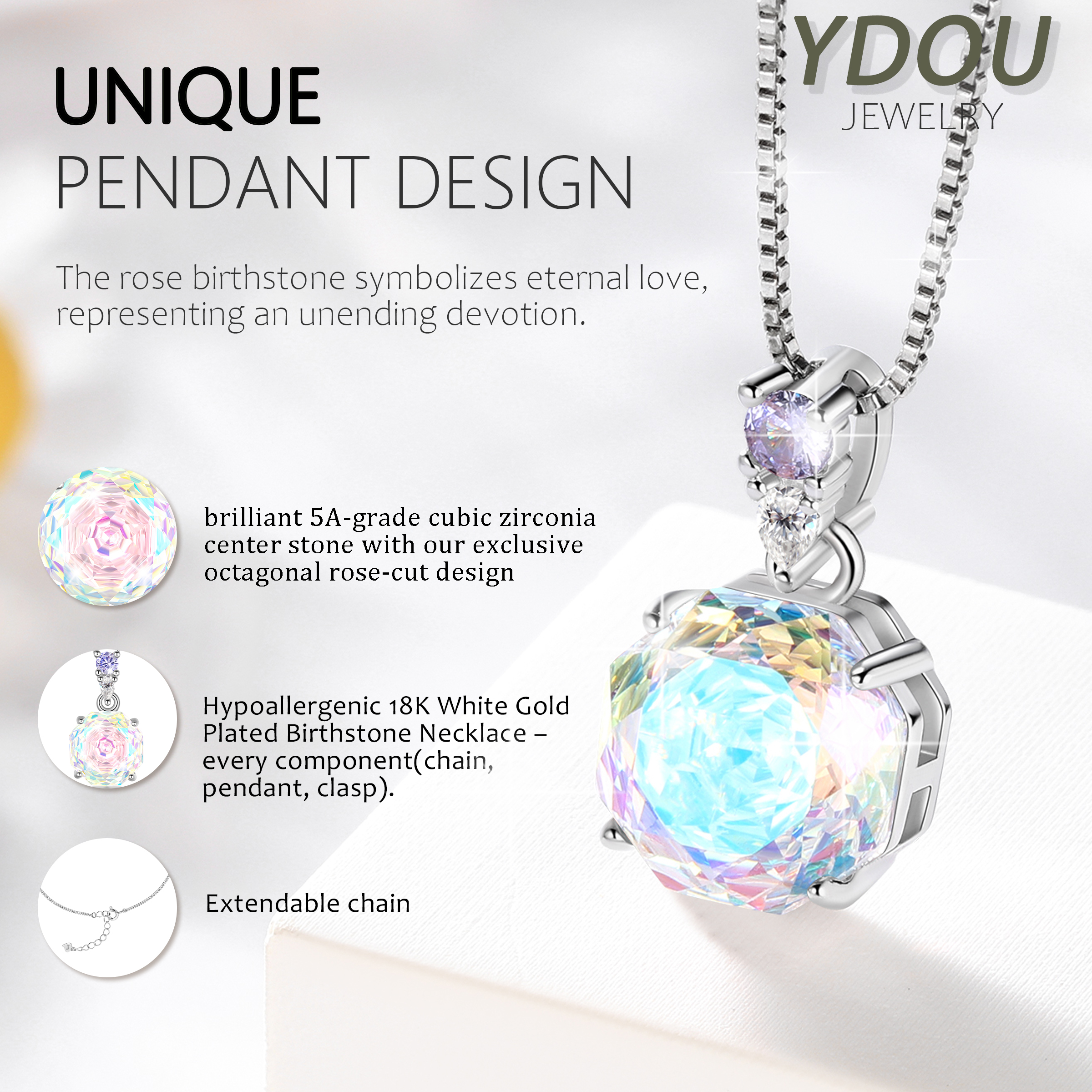 Ydou Rose Jewelry Set - 18K White Gold Plated Rose Cut Cubic Zirconia Flower Necklace/Earrings/Ring Set Anniversary Birthday Jewelry Gift for Women