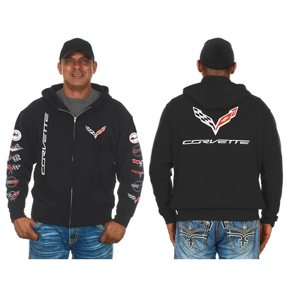 JH DESIGN GROUP Men's Chevy Corvette C7 Collage Black Zip Up Hoodie Sweatshirt (Medium, CLG2-black)