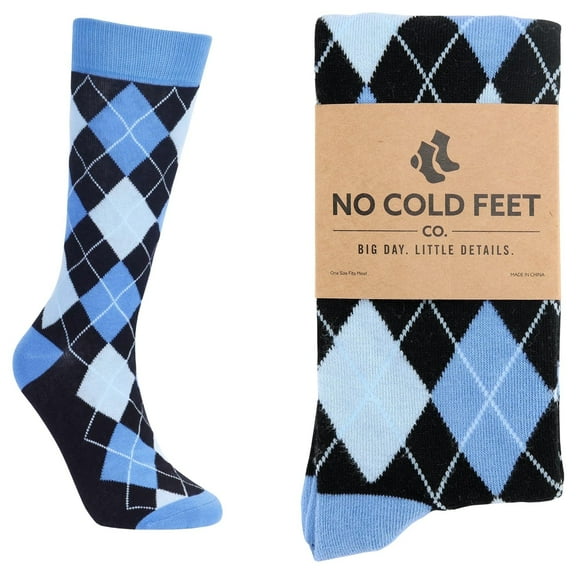 No Cold Feet Fun Colorful Novelty Dress Socks for Men, Blue and Black Argyle, Men's Size 8-13, Crew Socks