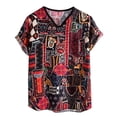 thumbnail image 2 of Leesechin Tops for Men Summer Ethnic Linen Printed V-Neck Short Sleeve T-Shirt, 2 of 9