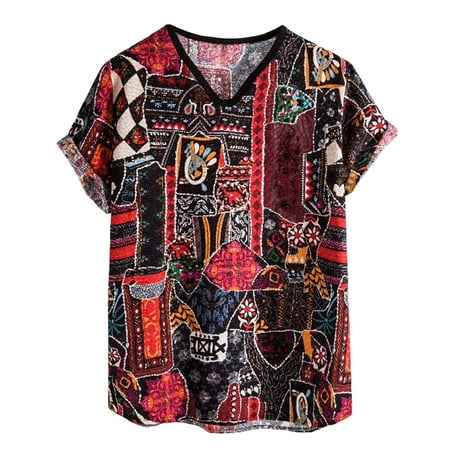 Men's Hawaiian Floral Shirts Men's Summer Ethnic Linen Printed V-Neck Short Sleeve T-Shirt Crew Neck Short Sleeve Tee Mens T Shirts Pack Prime Deals Of The Day Today Only