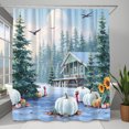 thumbnail image 1 of Whimsical Snowy Forest Shower Curtain with Rustic Cabin & Pumpkins, 1 of 4