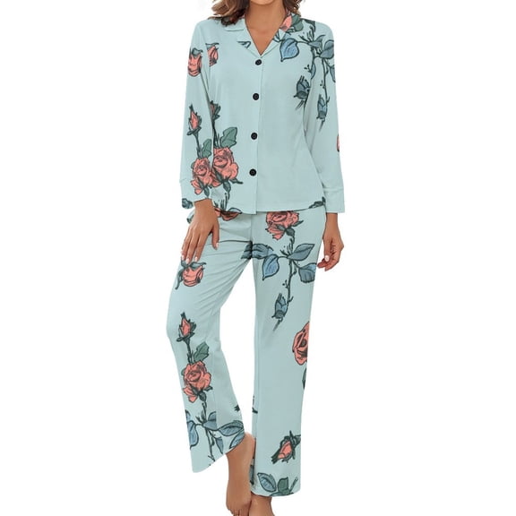 Rose Pattern Women's Long Sleeve Flannel Pajama Set Sleepwear M