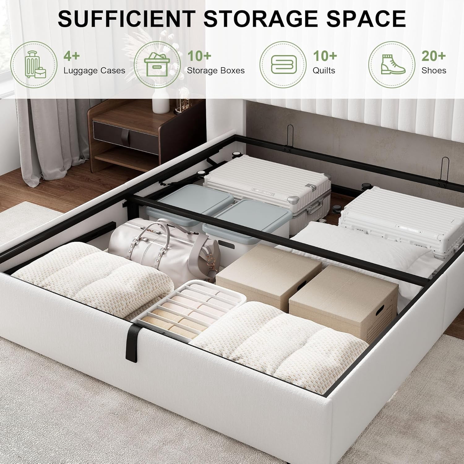 Winkalon Full Size Lift-Up Storage Bed Frame with Modern Wingback Headboard, Linen Upholstered Platform Bed, Hydraulic Gas Lift Support, Underbed Storage, Wooden Slats, No Box Spring Needed, White