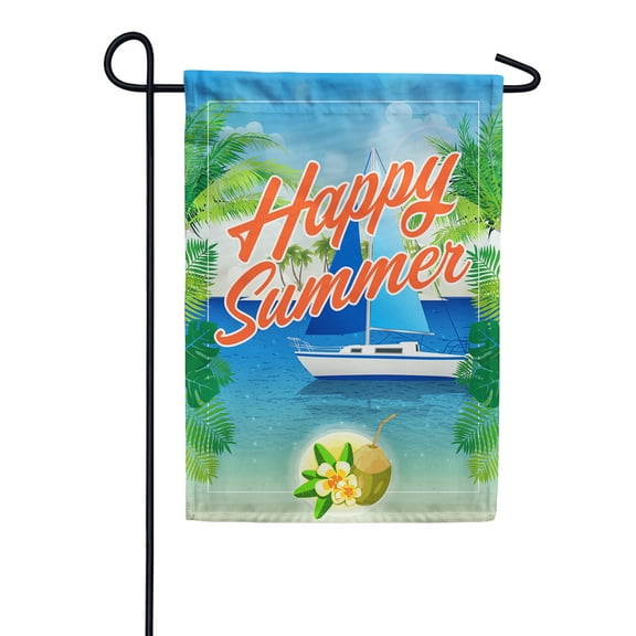 America Forever Happy Summer Sailboat Garden Flag 12.5 x 18 inches Palm Leaves Coastal Beach Tropical Double Sided Seasonal Yard Outdoor Decorative Paradise Ocean Garden Flag