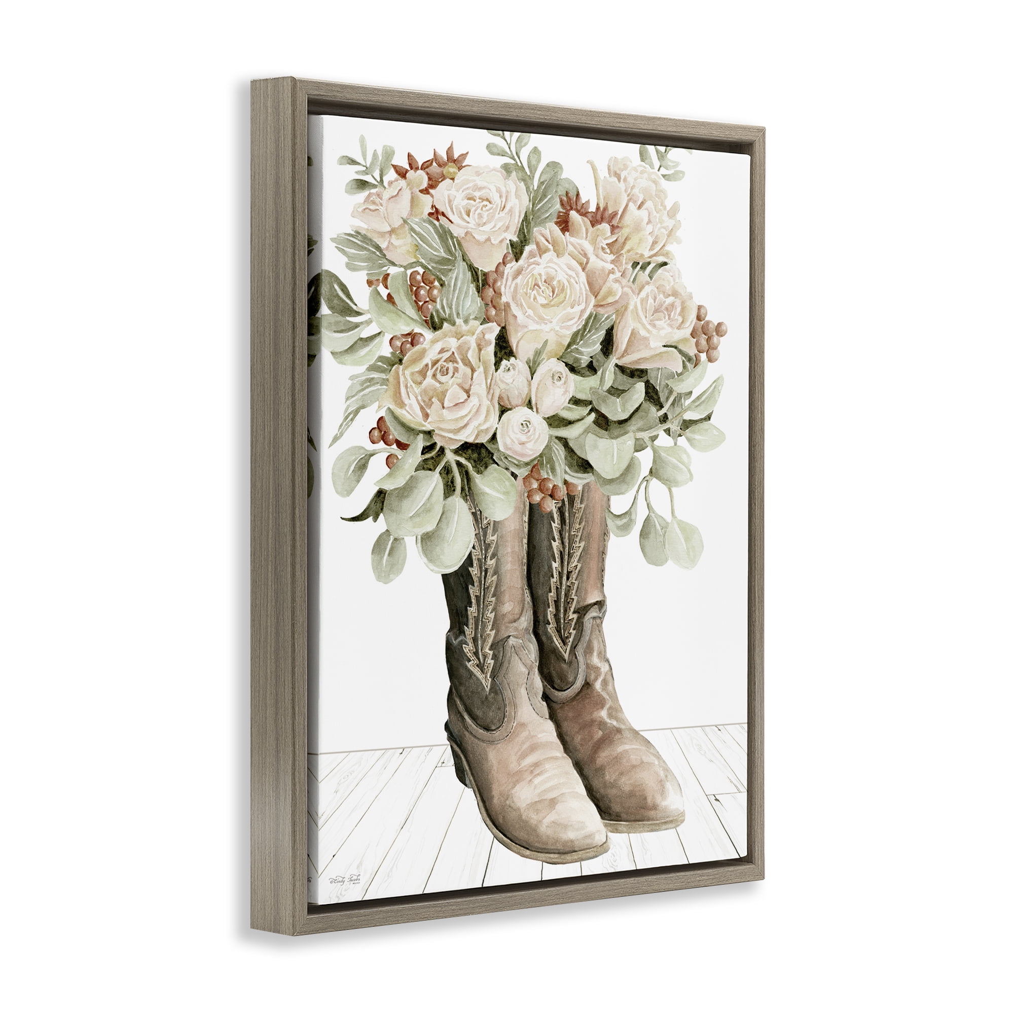 Stupell Industries Chic Bouquet Boots Plants & Flowers Painting Brown Floater Framed Canvas Art Print Wall Art, 25 x 31