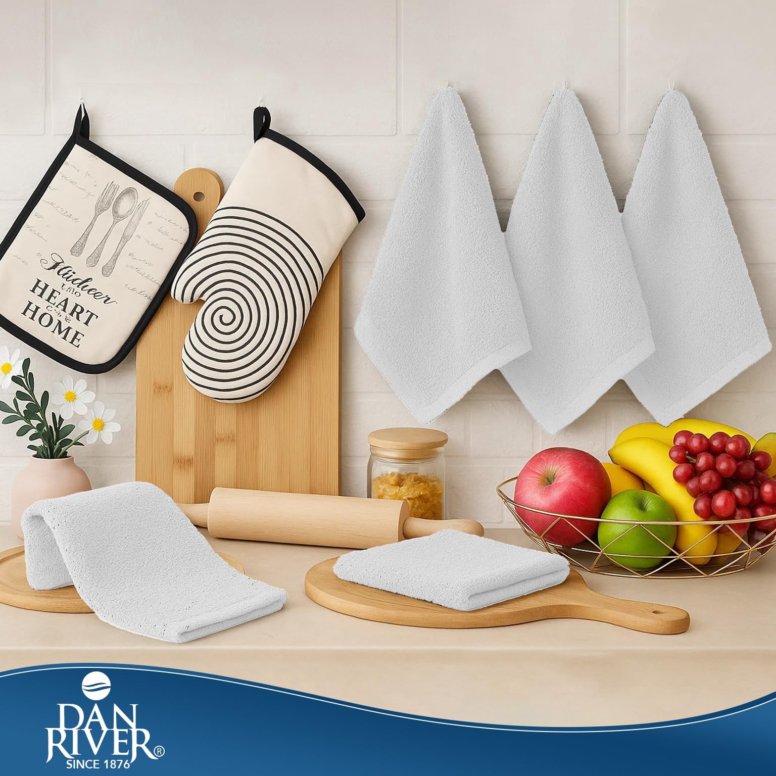 Dan River Bar Mop Cotton Kitchen Towel pack of 12 Super Absorbent And Reusable Cleaning Cloth - White, 16x19in
