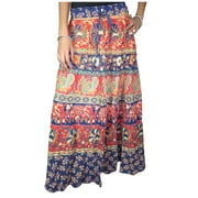 Mogul Women's Indian Skirt Blue Printed College Fashion Long Skirts