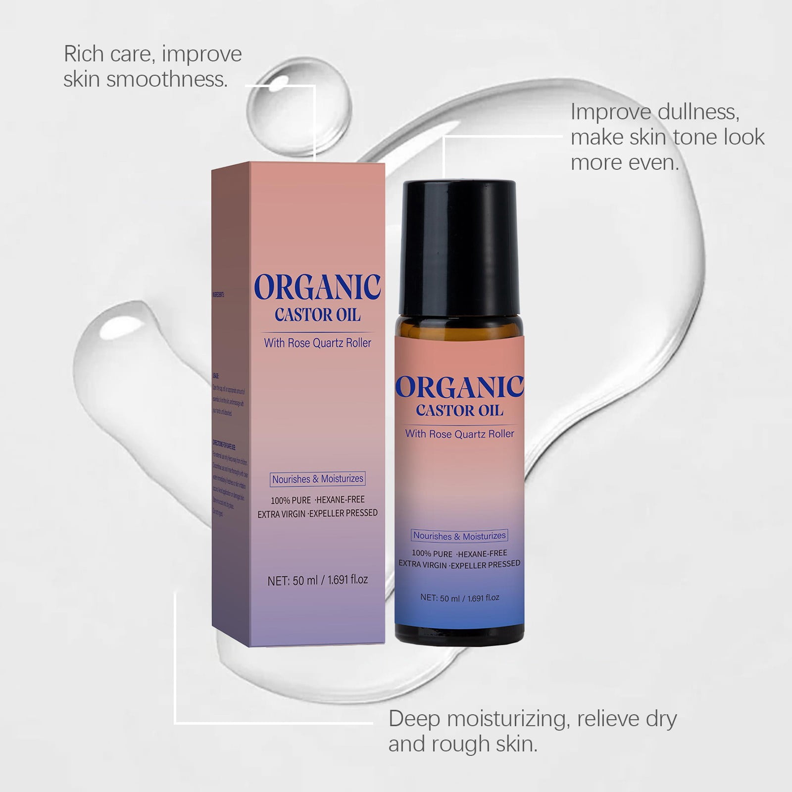 Organic Castor Oil Roll-On with Rose Quartz Roller, 50ml Bottle with Roller Ball, 100% Pure Extra Virgin Cold-Pressed for Skin, Brows & Lashes