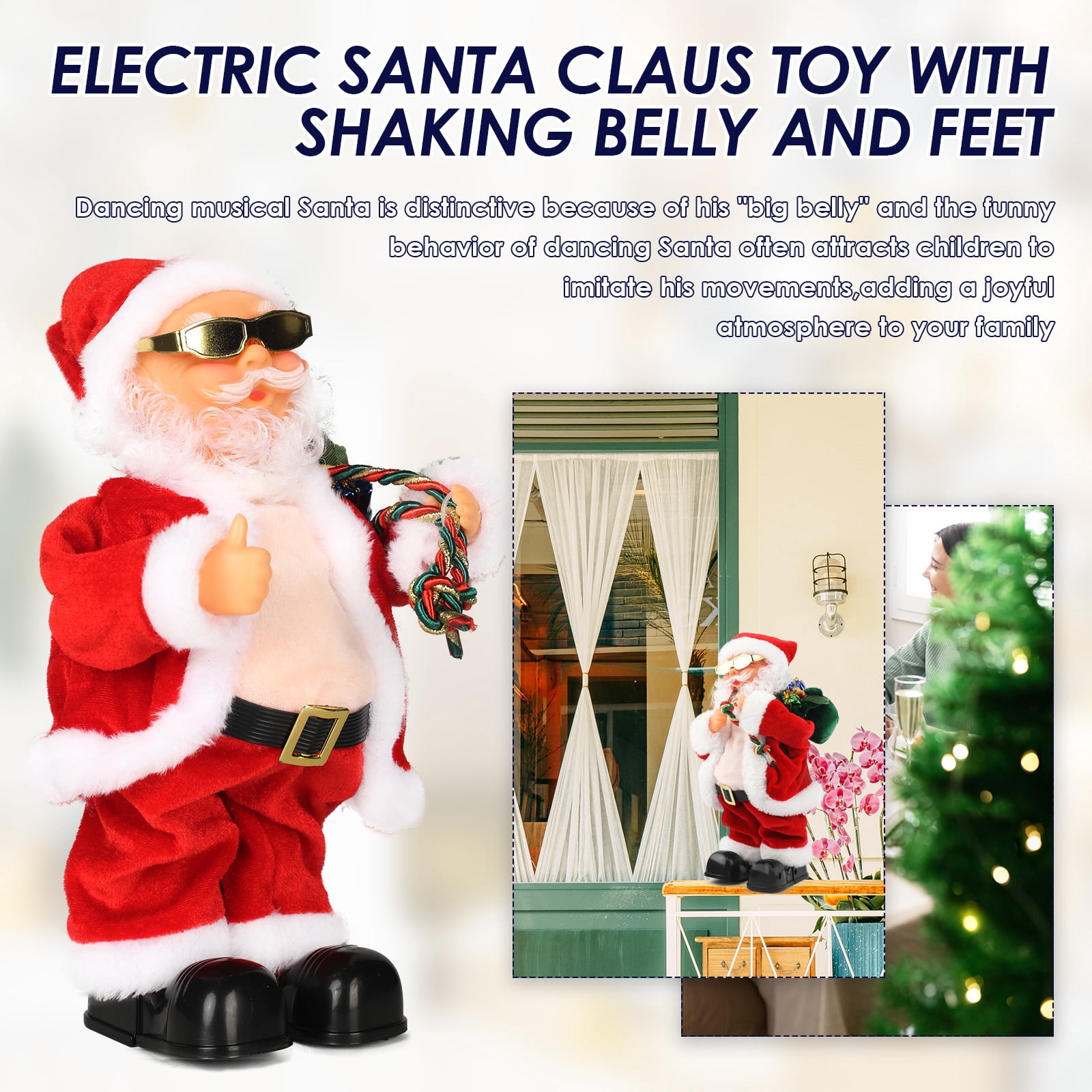 Belly Shaking Singing Dancing Santa Claus Toy with Music, Musical Christmas Decoration Playing Jingle Bells with Bouncing Glasses