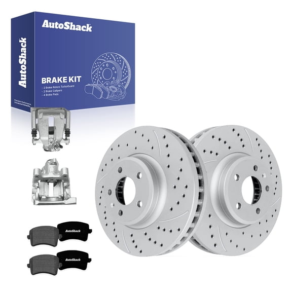 AutoShack Rear Brake Rotors, Premium Pads & Calipers for Audi, Q5 2009-2012, AWD L4 2.0L V6 3.2L - Coated Drilled & Slotted - Silver Matte Finish - TurboGuard - 11.81" (299.9 mm), 5-Lug