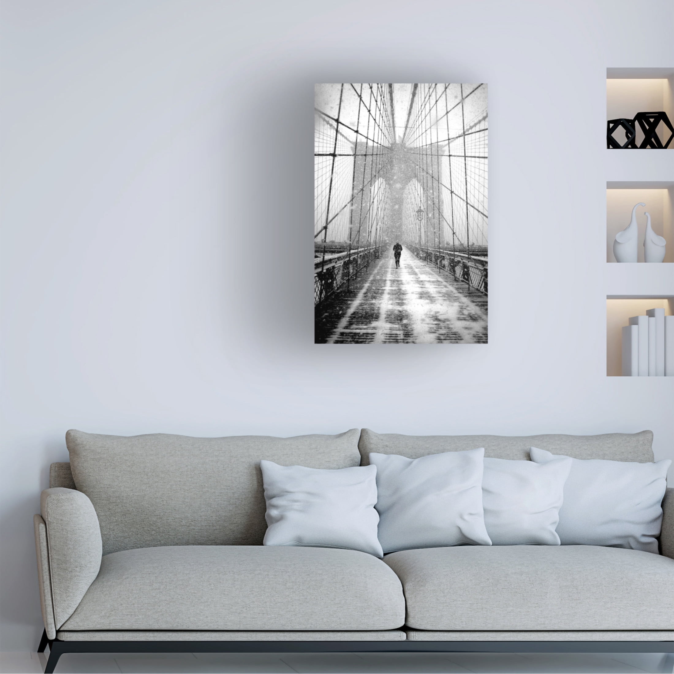 Canvas Wall Art - Martin Froyda 'New York Walker In Blizzard - Brooklyn Bridge' Wall Art for Living Room, Bedroom, or Office Décor by Trademark Fine Art - 22 x 32 Inches
