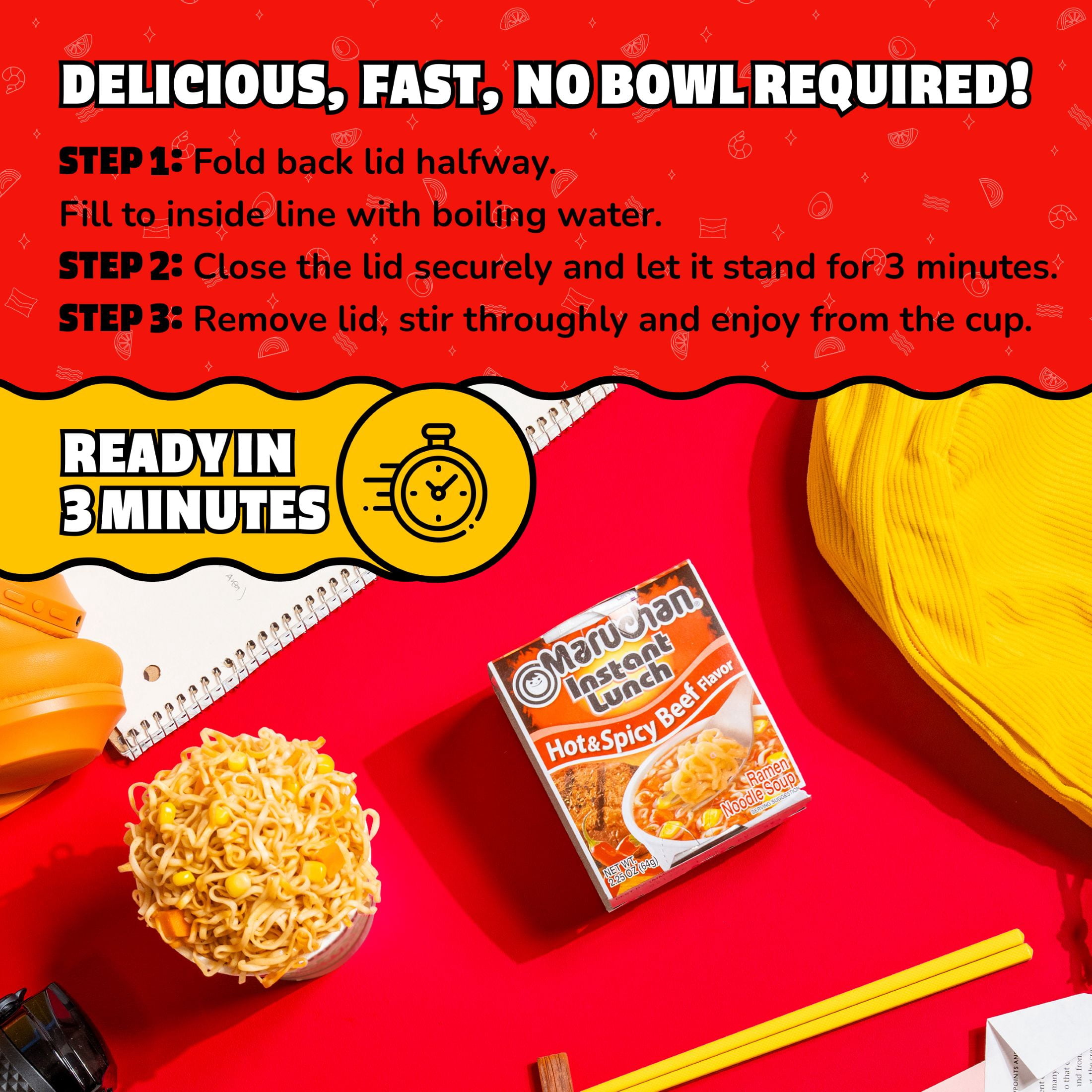 (12 pack) Maruchan Instant Lunch Hot & Spicy Beef Ramen Noodles Cup, 2.25 oz, Ready-To-Eat