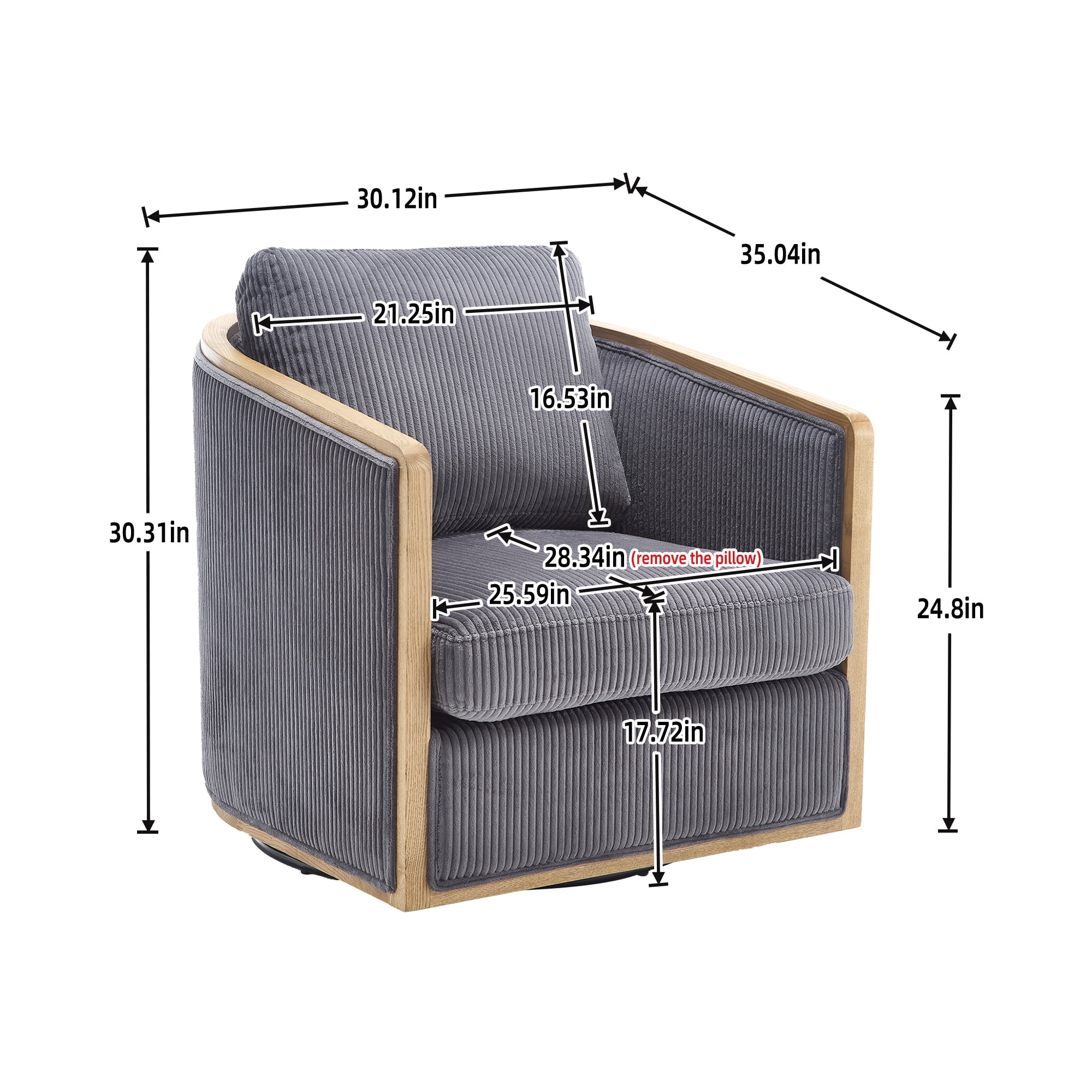 MOONMISS Corduroy Upholstered 360°Swivel Comfortable Round Barrel Chair for Living Room,Bedroom-Dark Gray