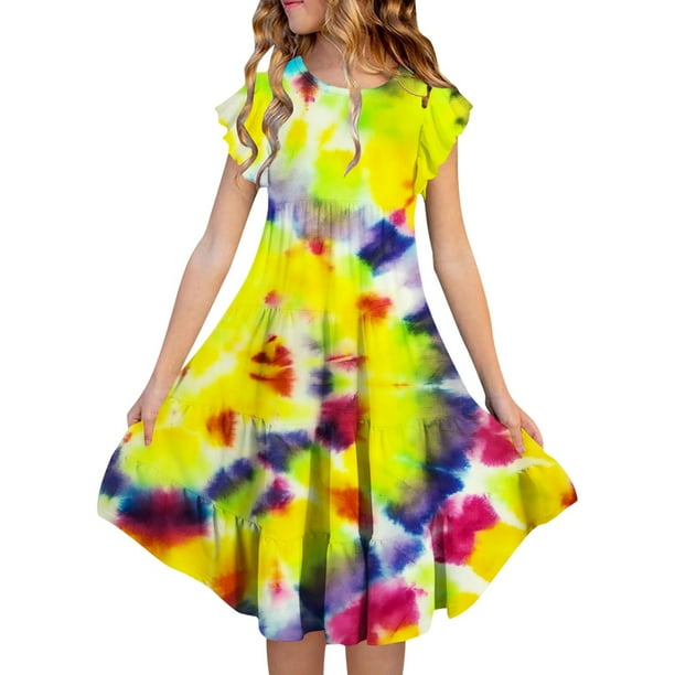 WILLBEST Vestidos de Verano para Mujer, Vestidos de Verano para Niñas, Vestido Fluido de Doble Capa con Mangas Abullonadas, Vestidos Casuales Midi Degradados 182 160