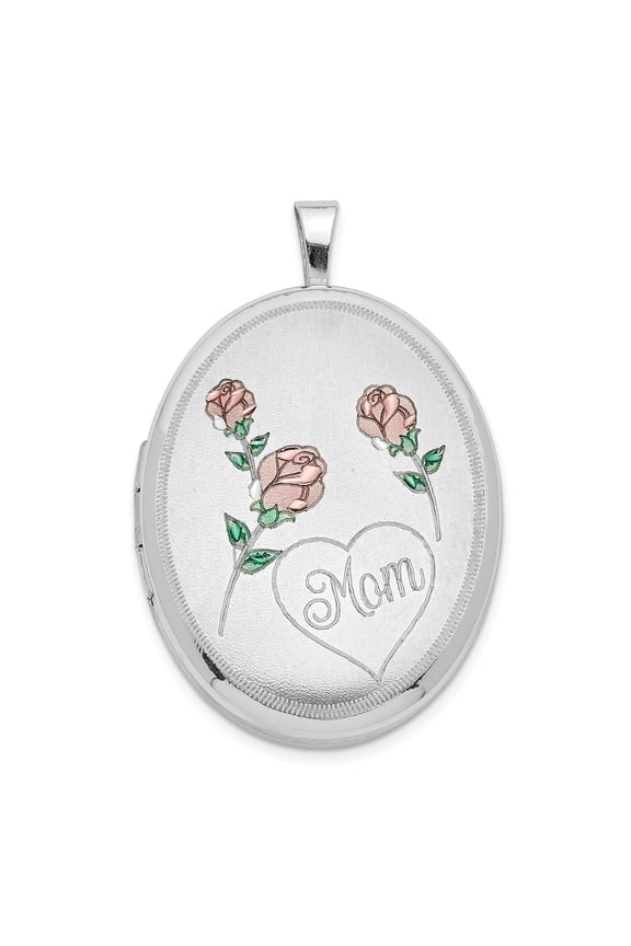 Sterling Silver 26mm Brushed/Polished Enameled Roses Mom Oval Locket