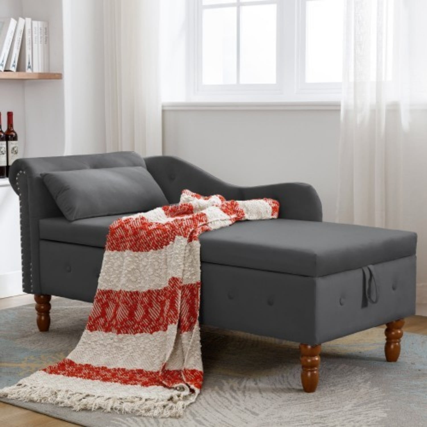 Velvet Chaise Lounge Chair with Storage, Upholstered Chesterfield Lounge Chair with Rolled Arm, Tufted Back, Pillow & Hidden Storage for Living Room, Bedroom & Office, Black
