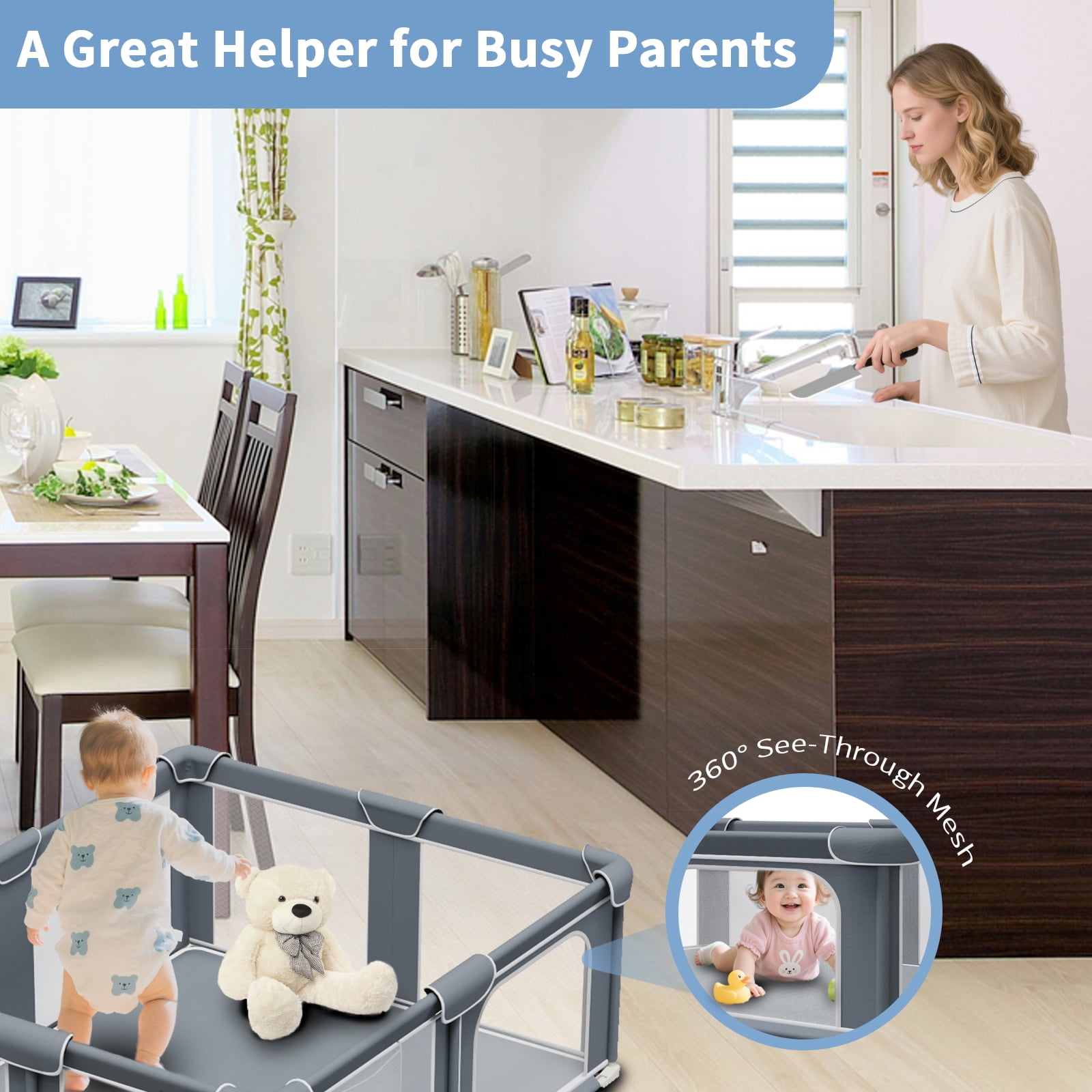 G TALECO GEAR Baby Playpen with Mat, Large Play Yard for Babies and Toddlers, Portable Baby Activity Center for Indoor & Outdoor, Gray (50‘’×50‘’)