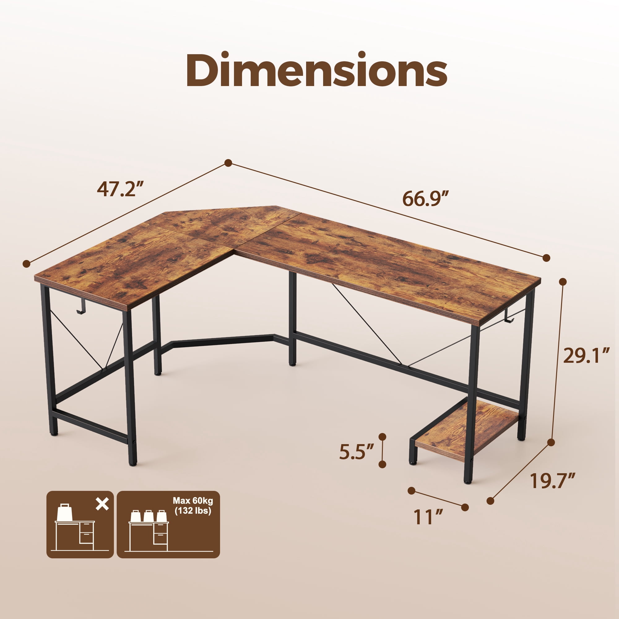 66.93 Inch L-Shaped Desk for Home Office, Corner Computer Desk for Workstations, Gaming Desk with Tower Shelf and Hooks,Rustic Brown
