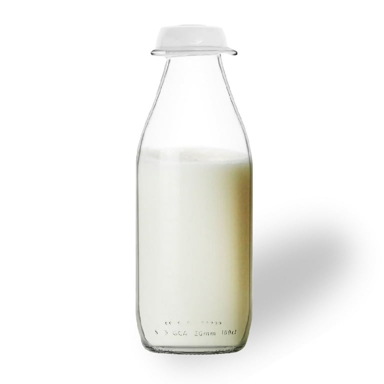 Lav Glass Milk Bottle with Lid, Clear Water Pitcher, Cold Drink Bottle, 34.5 oz, Size: 9.5