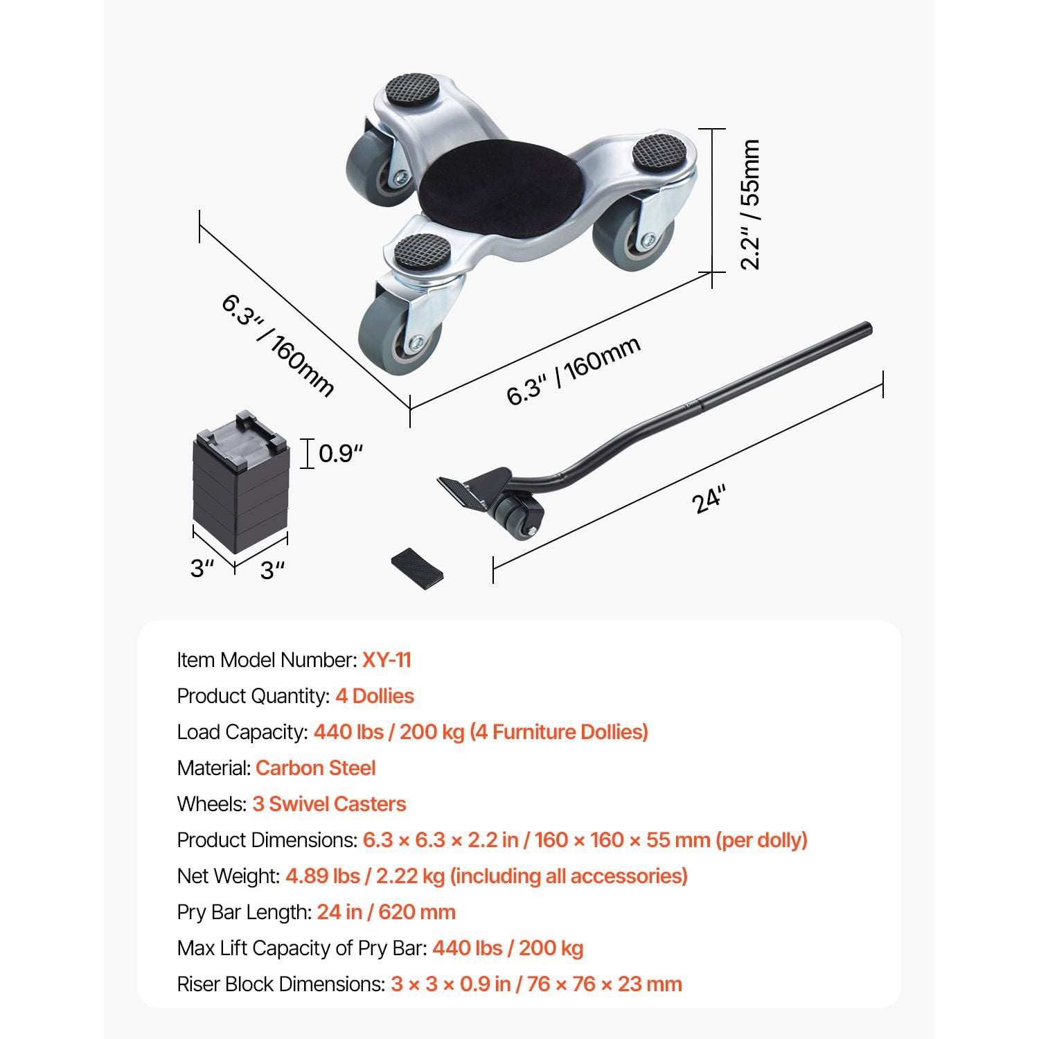 Furniture Dolly, 440 lbs Load Capacity, 3 Wheel Steel 6.3" Tri-dolly Heavy Duty Mover with Triangle Swivel Caster, Carbon Steel Panel, Furniture Lift Mover Tool Set for Appliances, Sofa, Fridge