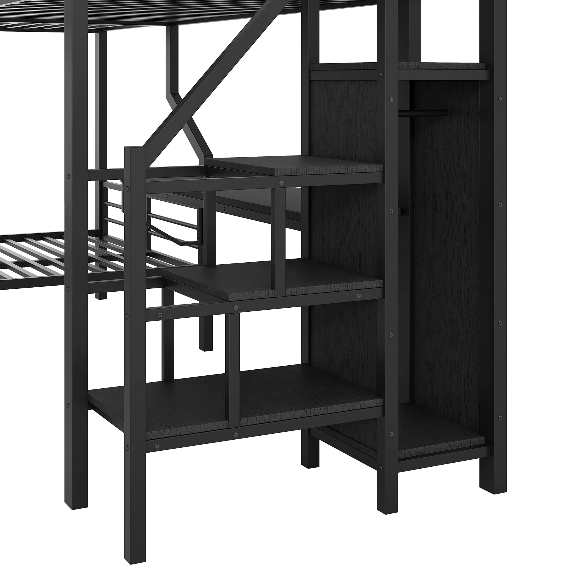 EUROCO Metal L Shaped Twin over Full Bunk Bed and Twin Gaming Loft Bed with Desk, Functional Storage Bed with Wardrobe and USB Ports, Black