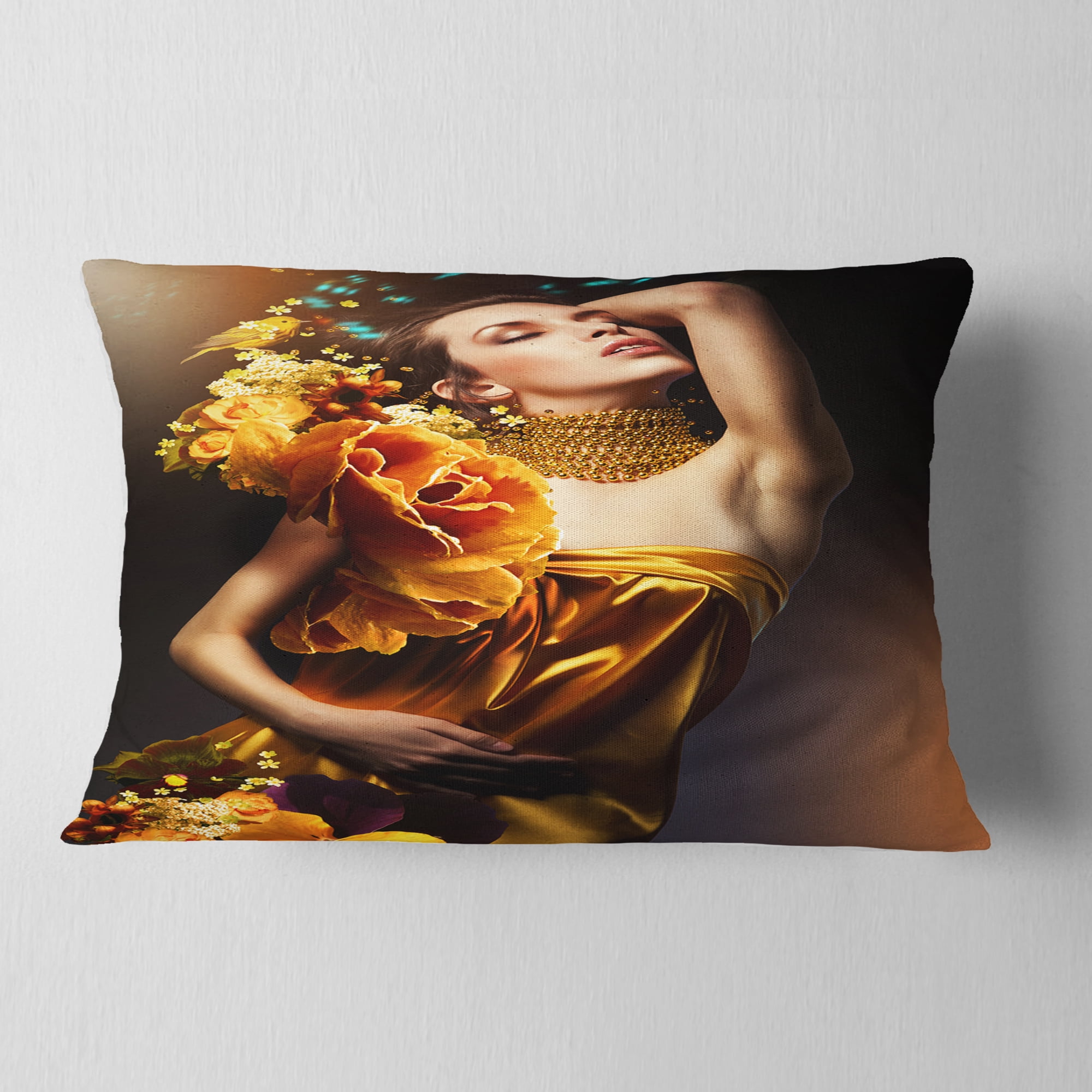 Designart Woman in Yellow Dress - Digital Art Portrait Throw Pillow - 12x20