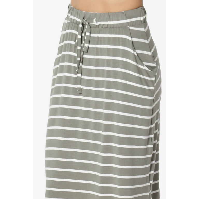 Women's Drawstring Elastic Waist Curved Hem Stretch Jersey Pocket Midi Skirt