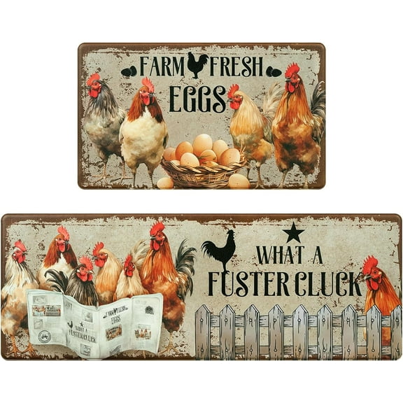 Farmhouse Kitchen Rugs [2 PCS] Anti-Fatigue Kitchen Mats for Floor Farm Rooster Kitchen Rug Non-Slip Washable Waterproof Cushioned Comfort Standing Mat for Home/Office, 18''''x30'''' 18''''x48''''