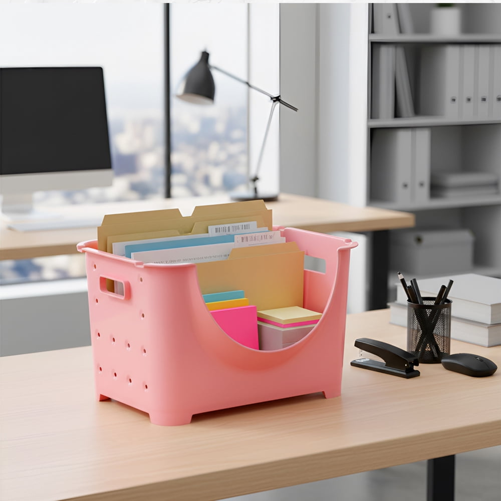 "Stackable Plastic Storage Container, Pink Stacking Bins"