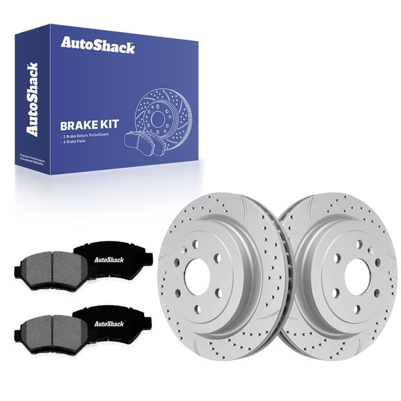 AutoShack Rear Brake Rotors & Premium Pads for Cadillac, SRX 2010-2016, AWD FWD V6 2.8L 3.0L 3.6L - Coated Drilled & Slotted - Silver Matte Finish - TurboGuard - 12.4" (314.9 mm), 6-Lug