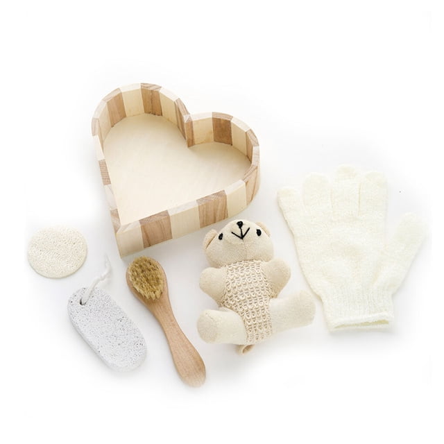 Cateissary Juego de baño de 6 uds., flor de baño de en forma de corazón, bola de esponja de piedra pómez, herramientas de hidratantes, Juegos de accesorios de baño traje de oso