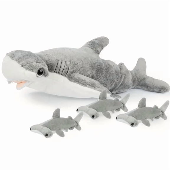 Adorable 20" Gray Hammerhead Shark Plush Pillow with 3 Mini Sharks - Soft, Safe PP Stuffed Ocean Animal Toy, Perfect for Sea Life Enthusiasts