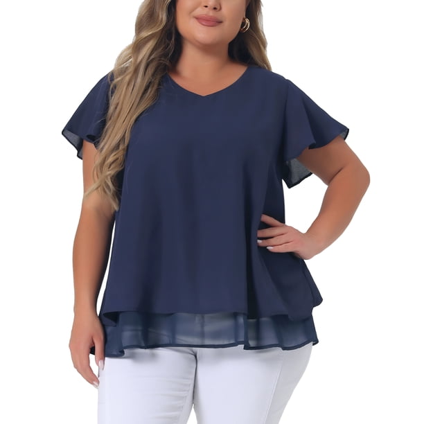Blusa de Chiffon de Talla Grande para Mujeres Agnes Orinda con Volantes, Mangas Cortas, Cuello en V, Dobles Capas, Casual, 4X, Azul Marino