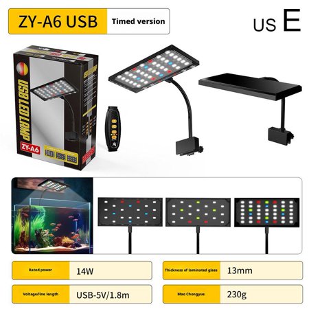 Clip On Aquarium Light for Plants, Fish Aquarium LED Light USB, Fish Tank Clip Light for Rimless Tank, Adjustable Brightness, USB Moving Lamp for Open Terrarium, 14W