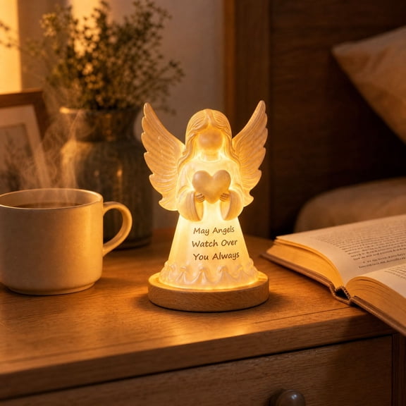MInHoues Guardian Angel Holding Heart Lighted Resin Figurine, Warm Glow Tabletop Ornament with Wooden Base, Inspirational Gift for Home Bedroom Shelf and Christmas Decor