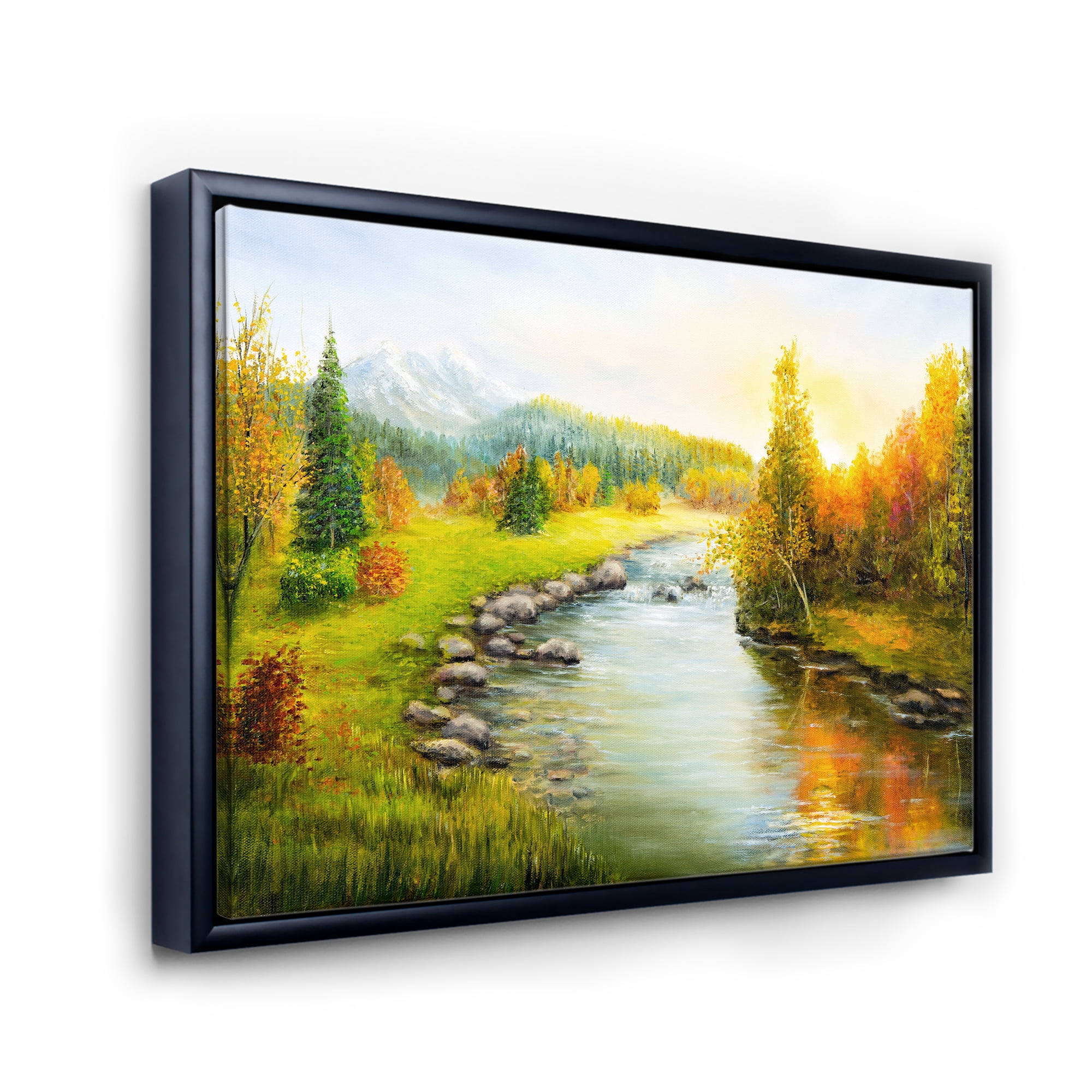 Designart 'Autumn Landscape With Forest River and Mountains' Lake House Framed Canvas Wall Art Print