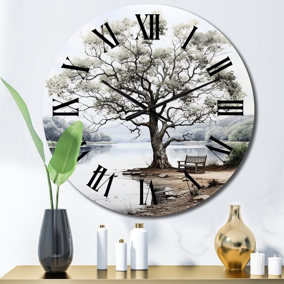 Designart "Tree Monochrome Calm Shades II" Landscapes Oversized Wall Clock