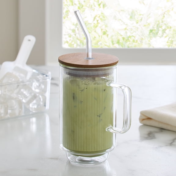 Better Homes & Gardens Ribbed 14.5 oz Double Wall Glass Mug with Handle with Acacia Wood Lid, Glass Straw and Handle, Clear