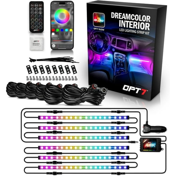 OPT7 Aura DreamColor RGB-IC Car Interior Ambient Light, 6PC Single Row LED Strips, Color Chasing Light Kit w/APP & Remote Control, Universal for Vehicles SUV Truck Pickup Van