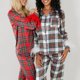 thumbnail image 4 of Gibobby ropa de dormir suelta y esponjosa Conjunto de pijamas peludos a cuadros para mujer, camisa con solapa de manga larga, informal, cómoda, navideña, pantalones, ropa para el (Rojo, L), 4 of 5